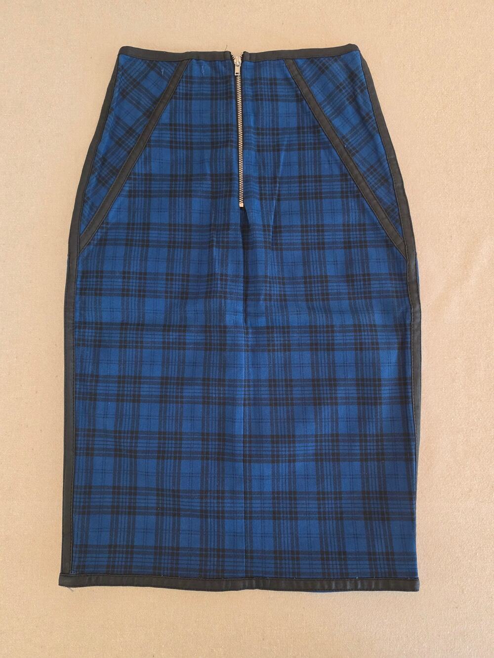 Mustard Seed Blue Plaid Pencil Skirt with Faux Leather Trim Sz Small NWT